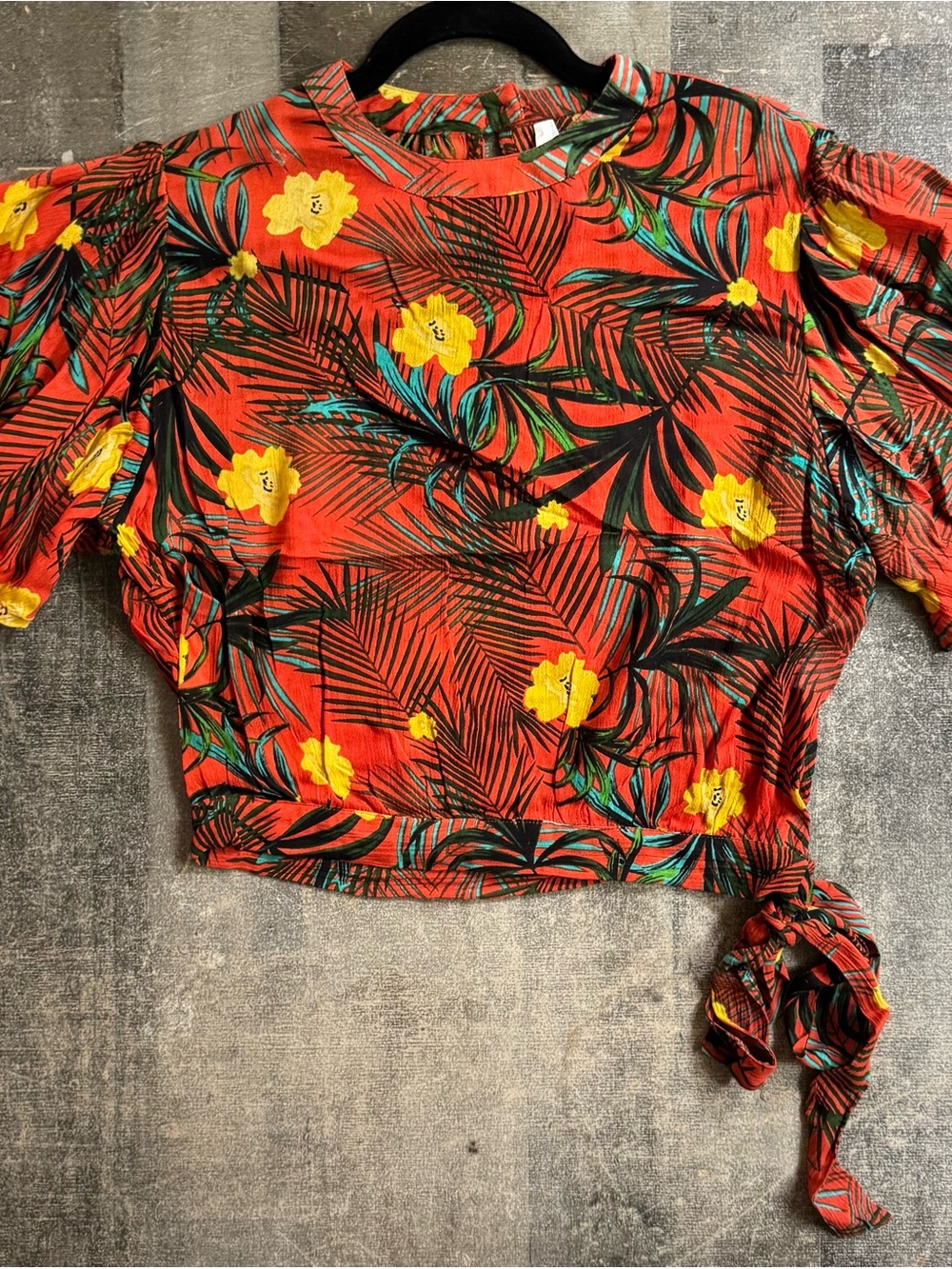 True Destiny Red Tropical Tie-Front Crop Top with Yellow Floral Print